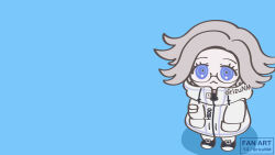  1boy :< aotsuki_eito artist_name black_shoes blue_background blue_eyes commentary_request danganronpa_(series) glasses grey_hair hands_in_pockets highres jacket male_focus medium_hair no_nose pants rizu_(rizunm) shoes simple_background solo the_hundred_line_-last_defense_academy- watermark white_jacket white_pants 