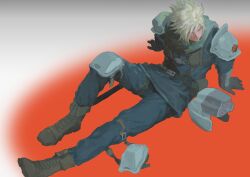  1boy absurdres armor be11prpr belt belt_buckle belt_pouch black_belt black_gloves blonde_hair blue_eyes blue_pants blue_shirt boots brown_boots buckle chest_harness closed_mouth cloud_strife final_fantasy final_fantasy_vii full_body gloves harness helmet highres knee_pads male_focus pants parted_hair pauldrons pouch shinra_infantry_uniform shirt short_hair shoulder_armor sitting solo unworn_headwear unworn_helmet 
