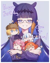  5girls :d absurdres black_vest blunt_bangs border chibi collared_shirt commentary english_commentary english_text gawr_gura gawr_gura_(1st_costume) glasses gradient_hair grey_background grin happy_birthday highres hololive hololive_english holomyth long_hair looking_at_viewer mole mole_under_eye mori_calliope mori_calliope_(1st_costume) multicolored_hair multiple_girls ninomae_ina'nis orange_hair outside_border pointy_ears purple_hair purple_shirt romaji_commentary romaji_text semi-rimless_eyewear shirt sidelocks simple_background smile straight_hair takanashi_kiara takanashi_kiara_(1st_costume) tentacle_hair tentacleluver under-rim_eyewear upper_body very_long_hair vest violet_eyes virtual_youtuber watson_amelia watson_amelia_(1st_costume) white_border 