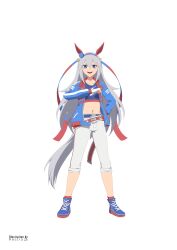  1girl absurdres animal_ears belt blue_eyes blue_hairband blue_jacket blue_shoes blue_sports_bra breasts collarbone commentary_request ear_covers fingerless_gloves full_body gloves grey_hair grey_tail hair_between_eyes hairband headband highres horse_ears horse_girl horse_tail jacket lightning_bolt_print lightning_bolt_symbol long_hair long_sleeves midriff multicolored_hairband navel open_mouth pants red_belt red_headband restra25 shoes simple_background small_breasts smile sports_bra striped_clothes striped_hairband tail tamamo_cross_(fast_as_lightning)_(umamusume) tamamo_cross_(umamusume) two-tone_hairband umamusume very_long_hair white_background white_pants 