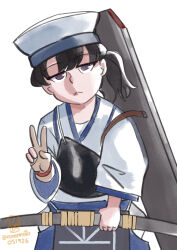  1girl apron blue_hakama bow_(weapon) english_commentary hakama hat highres japanese_clothes kaga_(kancolle) kantai_collection kimono muneate one-hour_drawing_challenge ron_(pixiv83091338) shield shounan_(kancolle) side_ponytail simple_background solo trait_connection upper_body v weapon white_background white_hat white_kimono 