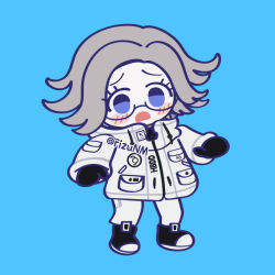  1boy aotsuki_eito artist_name black_gloves black_shoes blue_background blue_eyes blush blush_stickers commentary_request d: danganronpa_(series) glasses gloves grey_hair jacket male_focus no_nose open_mouth pants rizu_(rizunm) shoes simple_background solo the_hundred_line_-last_defense_academy- white_jacket white_pants 