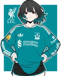 1girl bambi_surprise bare_legs black_hair black_shorts blue_background blue_shirt confident gradient_hair highres jersey looking_at_viewer multicolored_hair original racing_suit red_eyes red_hair shirt short_hair shorts simple_background smile solo two-tone_background white_background 