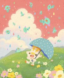  :d :o animal_ears bandaid bandaid_on_face bandaid_on_nose buck_teeth clouds commentary_request flower grass highres mamu_chan no_humans open_mouth pokemon pokemon_(creature) pokemon_focus quagsire rabbit rabbit_ears rain scorbunny smile tail teeth umbrella wooper 