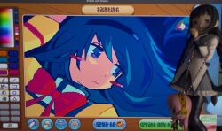  1girl akemi_homura akemi_homura_(magical_girl) animal_jam_(medium) art_program_in_frame blue_eyes blue_hair blush bow bowtie charm_(object) closed_mouth commentary dot_nose english_commentary figure figure_(medium) hair_spread_out hairband juliet_sleeves long_hair long_sleeves looking_to_the_side lying magical_girl mahou_shoujo_madoka_magica megurine_luka mitakihara_school_uniform on_back photo_(medium) portrait puffy_sleeves red_bow red_bowtie sadi1v school_uniform shirt sidelocks solo string vocaloid yellow_shirt 