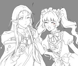  ! 1boy 1girl ^_^ aloysius_(shining_nikki) annoyed bib_collar bow bow_button chewing cloak closed_eyes closed_mouth collared_shirt commentary dodora_(shining_nikki) dress dress_shirt eating elf english_commentary eyelashes facial_mark feeding forehead fork frilled_bowtie frilled_shirt_collar frilled_sleeves frills grey_background greyscale hair_bow hand_up happy heart heart_facial_mark high_collar highres holding holding_fork hood hood_down hooded_cloak layered_sleeves light_blush lolita_fashion long_hair long_sidelocks long_sleeves maid_headdress marking_on_cheek monochrome nikki_(series) nonoberry22 o-ring one_eye_closed open_mouth pleated_dress pointy_ears pout puffy_short_sleeves puffy_sleeves shining_nikki shirt shirt_under_dress short_over_long_sleeves short_sleeves sidelocks simple_background sleeve_bow smile spot_color straight_hair tunic twintails upper_body v-neck very_long_hair waist_bow wavy_hair 