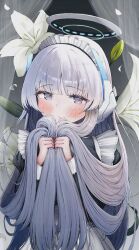  1girl alternate_costume apron black_dress blue_archive blush caff_(aosui9) commentary dress enmaided flower halo hands_up headgear highres holding_own_hair lily_(flower) long_hair long_sleeves looking_at_viewer maid maid_headdress mechanical_halo noa_(blue_archive) smile solo untranslatable_commentary upper_body violet_eyes white_apron white_hair white_halo white_lily 