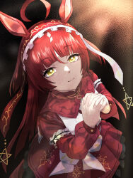  1girl ahoge animal_ears blunt_bangs blunt_ends blunt_sidelocks brown_headdress closed_mouth commentary_request dress frilled_hairband frills hair_between_eyes hairband highres horse_ears horse_girl horse_tail itsudzumi layered_hair long_hair long_sleeves looking_at_viewer own_hands_clasped own_hands_together red_desire_(divine_raiment)_(umamusume) red_desire_(umamusume) red_dress red_hair red_hairband red_headdress red_veil sidelocks smile solo star_ornament tail umamusume veil yellow_eyes 