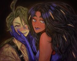  2girls after_kiss androgynous black_hair blonde_hair blue_gloves blue_lips collared_shirt cospirt dark-skinned_female dark_skin elbow_gloves geeta_(pokemon) gloves green_hair hands_on_another's_cheeks hands_on_another's_face highres interracial lipstick lipstick_mark lipstick_mark_on_face looking_at_viewer makeup multicolored_hair multiple_girls no_jacket parted_lips pokemon pokemon_scarlet_and_violet red_eyes rika_(pokemon) shirt smeared_lipstick smile streaked_hair suspenders thick_eyebrows two-tone_hair upper_body yuri 