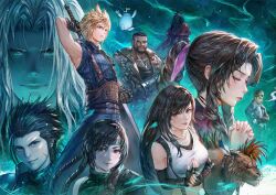  3girls 6+boys adjusting_clothes adjusting_gloves aerith_gainsborough animal_collar aqua_eyes armor ascot bare_shoulders barret_wallace beard belt black_bra black_gloves black_hair blonde_hair blue_eyes blue_jacket blue_pants blue_shirt bra braid braided_ponytail breasts brown_belt brown_eyes brown_gloves brown_hair brown_vest buster_sword cait_sith_(final_fantasy) cid_highwind cigarette cloak closed_eyes cloud_strife collar crop_top crossed_arms dark-skinned_male dark_skin dog_tail elbow_gloves facial_hair facial_mark feather_hair_ornament feathers final_fantasy final_fantasy_vii final_fantasy_vii_rebirth final_fantasy_vii_remake fingerless_gloves gloves goggles goggles_on_head green_shirt grey_hair hair_between_eyes hair_ornament hair_ribbon hair_slicked_back highres holding holding_sword holding_weapon interlocked_fingers jacket lifestream long_hair maid_headdress medium_breasts midriff moogle multiple_belts multiple_boys multiple_girls own_hands_clasped own_hands_together pants parted_bangs pauldrons pink_ribbon praying prosthetic_weapon red_cloak red_eyes red_jacket red_xiii ribbed_shirt ribbon scar scar_across_eye scar_on_cheek scar_on_face sephiroth shirt short_hair shoulder_armor sideburns sidelocks single_bare_shoulder single_braid single_pauldron sleeveless sleeveless_shirt sleeveless_turtleneck smoking spiky_hair sports_bra suspenders sword sword_on_back tail tifa_lockhart tim_kong turtleneck underwear upper_body very_short_hair vest vincent_valentine weapon weapon_on_back white_ascot white_shirt yuffie_kisaragi zack_fair 