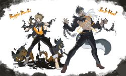  2boys animal animal_ears blonde_hair blue_eyes chain character_name claws clenched_teeth collar commentary_request dark-skinned_male dark_skin darkness full_body grey_hair hyena hyena_boy hyena_ears hyena_tail jack_howl jip leash long_hair looking_at_viewer male_focus multiple_boys overblot ruggie_bucchi solid_eyes standing tail teeth toned toned_male twisted_wonderland white_background wolf_boy wolf_ears wolf_tail yellow_eyes 