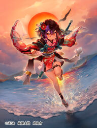  1girl black_hair black_sandals character_request closed_mouth clouds commentary_request eiketsu_taisen flower hair_between_eyes hair_flower hair_ornament japanese_clothes kimono long_sleeves looking_at_viewer multicolored_hair official_art outdoors purple_hair red_eyes red_flower red_kimono saihate_(d3) sandals sky socks solo splashing standing standing_on_one_leg streaked_hair sun sunset tabi v-shaped_eyebrows water white_socks wide_sleeves zouri 