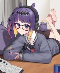  1girl absurdres barefoot black_bow black_bowtie black_skirt blue_eyes blunt_bangs book bow bowtie chrispy_tuna closed_mouth collared_shirt commentary english_commentary feet_up grey_sweater headphones highres hololive hololive_english indoors looking_at_viewer lying medium_hair miniskirt mole mole_under_eye multicolored_hair ninomae_ina'nis ninomae_ina'nis_(school_uniform) official_alternate_costume official_alternate_hairstyle on_stomach open_book orange_hair pink_streaks pleated_skirt purple_hair school_uniform shirt side_ponytail skirt smile solo streaked_hair sweater takodachi_(ninomae_ina'nis) tentacle_hair the_pose v-neck virtual_youtuber white_shirt 