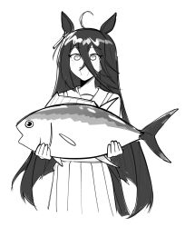  1girl :d ahoge animal animal_ears earrings fish hair_between_eyes highres holding holding_animal holding_fish horse_ears horse_girl jewelry long_bangs long_hair long_hair_between_eyes manhattan_cafe_(umamusume) monochrome sakasukiyaki single_earring smile solo tuna umamusume 