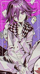  1boy ace_(playing_card) ace_of_diamonds ace_of_hearts arm_up bandana bandana_around_neck border card checkered_bandana closed_mouth coin danganronpa_(series) danganronpa_v3:_killing_harmony diamond_(shape) hair_between_eyes heart highres inset_border jacket long_sleeves looking_at_viewer male_focus oma_kokichi pants playing_card purple_hair short_hair sitting smile solo v violet_eyes white_jacket white_pants yuzu_(parasitic_910) 