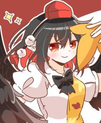  1girl bird_wings black_bow black_bowtie black_hair black_wings blush bow bowtie closed_mouth collared_shirt commentary_request hat holding looking_at_viewer medium_hair pointy_ears pom_pom_(clothes) puffy_short_sleeves puffy_sleeves red_eyes red_hat shameimaru_aya shirt short_sleeves smile solo tokin_hat touhou upper_body wakana1327 white_shirt wings 
