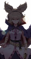  1girl backlighting beckoning belt black_belt bracelet breasts brown_eyes brown_hair cape closed_mouth commentary_request cowboy_shot dress earmuffs fingernails highres holding holding_weapon jewelry lens_flare looking_at_viewer maguro_(mawaru_sushi) medium_breasts open_hand outstretched_arm pointy_hair purple_cape purple_skirt reaching reaching_towards_viewer shirt short_hair skirt sleeveless sleeveless_shirt smile solo standing touhou toyosatomimi_no_miko weapon white_background 