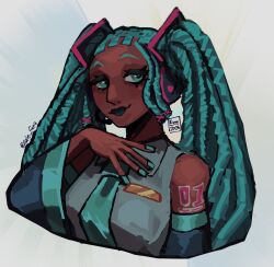  1girl 2026 alternate_skin_color aqua_eyes aqua_hair aqua_lips aqua_nails aqua_necktie bare_shoulders black_sleeves colored_eyelashes dark-skinned_female dark_skin darkened_skin detached_sleeves dreadlocks fingernails grey_shirt hand_up hatsune_miku headset highres lipstick looking_at_viewer makeup nail_polish necktie number_tattoo selepriv_we shirt shoulder_tattoo sleeveless sleeveless_shirt smile solo tattoo twintails very_dark_skin vocaloid 