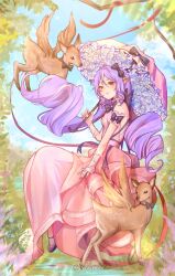  1girl ankle_strap arm_garter baby_animal backless_dress backless_outfit blush bow bowtie clouds cloudy_sky commentary deer detached_sleeves dress drill_hair fawn feathered_wings flower flying frills hair_bow highres holding holding_umbrella jewelry long_hair mole mole_under_eye multicolored_hair necklace outdoors pearl_necklace pink_dress pointy_ears purple_hair purple_shoes red_eyes red_ribbon ribbon shoes sitting sky sleeveless sleeveless_dress solo_focus strap striped_bow striped_bowtie striped_clothes tree umbrella vivian_banshee vivvfauumeow wings zenless_zone_zero 