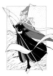  1girl absurdres banner braid cloak commentary conical_hat dress floating_cape from_side frze18 greyscale hat hat_tassel highres holding holding_banner knights_moralis_uniform long_sleeves looking_ahead luluci_(tongari_boushi_no_atelier) monochrome profile solo standing tongari_boushi_no_atelier updo winged_hat wizard_hat 