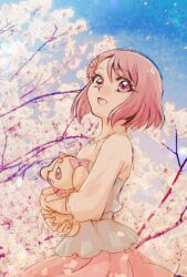  1girl aizen_(syoshiyuki) animal cherry_blossoms hanadera_nodoka healin'_good_precure highres holding holding_animal latte_(precure) looking_at_viewer one-hour_drawing_challenge outdoors pink_eyes pink_hair pink_skirt precure short_hair skirt smile three-quarter_sleeves upper_body 
