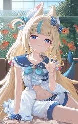  1girl absurdres animal_ear_fluff animal_ears art_mu blonde_hair blue_nails blue_scrunchie blue_streaks cat_ears closed_mouth commentary_request dress fang fins fish_girl fish_tail highres indie_virtual_youtuber long_hair looking_at_viewer multicolored_hair nail_polish one_side_up sameko_saba sameko_saba_(1st_costume) scrunchie shorts skin_fang sleeveless sleeveless_dress smile solo streaked_hair tail very_long_hair virtual_youtuber waving white_dress white_shorts 