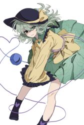  1girl black_boots black_hat boots bow buttons closed_mouth collared_shirt diamond_button disembodied_linked_eye ebuna eyeball floral_print frilled_shirt_collar frilled_sleeves frills green_eyes green_hair green_skirt hat hat_bow heart heart_of_string highres komeiji_koishi leaning_forward long_sleeves looking_at_viewer print_skirt rose_print shirt simple_background skirt sleeves_past_fingers sleeves_past_wrists smile solo touhou white_background wide_sleeves yellow_bow yellow_shirt 