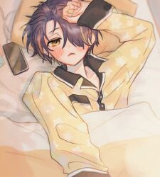  1boy 5g5kcal :< arm_up blanket blonde_streaks blush cellphone closed_mouth commentary_request ensemble_stars! hair_over_one_eye half-closed_eyes highres long_sleeves lying male_focus multicolored_hair on_back on_bed one_eye_covered pajamas phone pillow purple_hair sengoku_shinobu short_hair sleepy smartphone solo star_(symbol) star_print streaked_hair upper_body waking_up yellow_eyes yellow_pajamas 