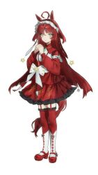  1girl absurdres ahoge animal_ears blunt_bangs blunt_ends blunt_sidelocks brown_headdress closed_mouth commentary dress english_commentary fei_(tovurn) frilled_hairband frills full_body garter_straps hair_between_eyes hairband highres horse_ears horse_girl horse_tail interlocked_fingers layered_hair long_hair long_sleeves looking_at_viewer own_hands_clasped own_hands_together red_desire_(divine_raiment)_(umamusume) red_desire_(umamusume) red_dress red_garter_straps red_hair red_hairband red_headdress red_shoes red_thighhighs red_veil shoes sidelocks simple_background smile socks solo star_ornament tail thigh-highs umamusume veil white_socks yellow_eyes 