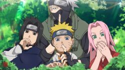  1girl 3boys black_eyes black_gloves black_hair blonde_hair blue_eyes blue_headband blue_shirt child covering_own_mouth facial_mark finger_to_mouth fingerless_gloves flak_jacket forest gloves green_eyes green_vest grey_hair haruno_sakura hatake_kakashi headband headband_over_one_eye jacket konohagakure_shinobi_uniform konohagakure_symbol long_hair looking_at_viewer mask mouth_mask multiple_boys naruto_(classic) naruto_(series) nature outdoors parted_bangs pink_hair red_shirt shirt short_hair spiky_hair uchiha_sasuke upper_body uzumaki_naruto vest whisker_markings white_sleeves x_xayaka 