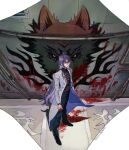  1boy ambiguous_red_liquid bangs blue_eyes closed_mouth colored_inner_hair from_above full_body highres hypnosis_mic jacket jinguuji_jakurai labcoat long_hair long_sleeves looking_at_viewer multicolored_hair purple_hair reichio standing turtleneck white_jacket wolf 