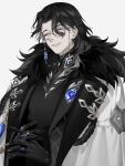  1boy black_hair cape chain character_request cloak closed_eyes collared_shirt gem genshin_impact glasses gloves highres holding_hands jewelry long_hair male_focus multicolored_hair open_cloak open_clothes ring shirt simple_background smile solo teeth to_e upper_body white_background white_hair 