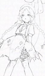  1girl :o balloon_animal balloon_party beret bow bowtie braid feet_out_of_frame greyscale hat legs_apart long_hair looking_at_viewer low_twin_braids miniskirt monochrome puffy_short_sleeves puffy_sleeves reverse:1999 shirt short_sleeves sketch skirt solo standing suspender_skirt suspenders twin_braids white_background xjsbca 