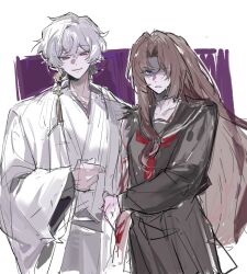  1boy 1girl black_sailor_collar black_shirt black_skirt blue_eyes brown_hair closed_mouth commentary_request cosplay fox_mask_(silent_hill) fox_mask_(silent_hill)_(cosplay) highres japanese_clothes jingshenhuanghu kimono limbus_company long_hair neckerchief parted_bangs project_moon red_neckerchief rodion_(project_moon) sailor_collar shimizu_hinako shimizu_hinako_(cosplay) shirt sidelocks silent_hill_(series) silent_hill_f skirt sonya_(project_moon) very_long_hair violet_eyes white_background white_hair white_kimono 