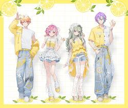  2boys 2girls :o adjusting_eyewear arm_up arm_warmers asymmetrical_sidelocks belt belt_buckle blonde_hair blue_hair blunt_bangs border breast_pocket breasts buckle buttons closed_mouth collared_shirt commentary_request double-parted_bangs earrings fingernails flower food food-themed_hair_ornament fruit full_body gradient_hair grid_background hair_ornament hair_ribbon hairclip hand_in_pocket hands_up high_heels highres jewelry kamishiro_rui kusanagi_nene layered_clothes leg_warmers lemon lemon_hair_ornament lemon_slice long_hair looking_at_viewer multicolored_hair multiple_boys multiple_girls multiple_hairclips one_eye_closed ootori_emu open_collar orange_eyes orange_hair pants pink_eyes pink_hair pocket project_sekai purple_hair ribbon shirt shoes short_hair shorts sidelocks smile standing streaked_hair tenma_tsukasa two-tone_hair violet_eyes white_shirt white_shoes wonderlands_x_showtime_(project_sekai) yellow_belt yellow_border yellow_eyes yellow_nails yuu_(higashi_no_penguin) 