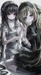  2girls :o black_dress black_hair black_headdress black_socks blonde_hair blunt_bangs bow breasts character_request collarbone commentary_request copyright_request dot_nose dress frilled_dress frilled_headband frills from_behind hair_between_eyes hand_up hands_up highres ilung juliet_sleeves kneehighs korean_commentary light_blush long_hair long_sidelocks long_sleeves multiple_girls nervous_sweating no_shoes on_floor parted_lips pink_eyes puffy_sleeves raised_eyebrows seiza short_side_ponytail side_ponytail sidelocks simple_background sitting small_breasts socks sweat very_long_hair white_bow white_dress white_headdress 