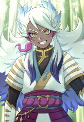  1boy black_wings blue_sclera byakko_(youkai_watch) colored_sclera commentary_request grin highres long_hair looking_at_viewer smile solo white_hair wings yagne_yokai yellow_eyes youkai_(youkai_watch) youkai_watch youkai_watch_shadowside 