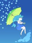  1girl animal animal_ears blue_background blue_bow blue_dress blue_eyes blue_hair bow cat_ears diode_(0_division) dress dress_bow fins full_body green_umbrella highres holding holding_umbrella jellyfish long_hair looking_at_viewer open_mouth original over_shoulder sailor_collar shirt short_sleeves sidelocks solo umbrella underwater white_sailor_collar white_shirt 
