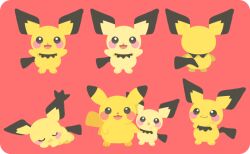  blush_stickers closed_eyes commentary_request happy lying multiple_views no_humans on_stomach pichu pikachu pokemon pokemon_(creature) pokemon_focus red_background rizu_(rizunm) simple_background sleeping standing 