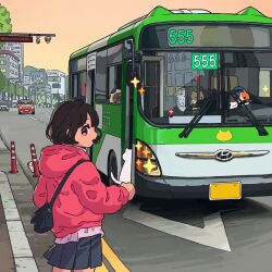  1girl bag black_bag black_hair black_skirt building bus calico_(pattern) calico_cat car cat city commentary_request day guriming highres hood hood_down hooded_jacket jacket korean_commentary long_sleeves looking_at_viewer looking_back motor_vehicle original outdoors pink_eyes pink_jacket pleated_skirt profile road short_hair skirt sparkle street 