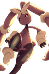  1other :3 black_sclera claws closed_mouth colored_sclera commentary_request from_below furry highres leg_up lopunny pink_eyes pokemon pokemon_(creature) pokemon_focus rumine_(yoshi1234567) smile solo 