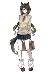  1girl absurdres animal_ears bag black_hair black_skirt blush brown_eyes brown_hair brown_shoes brown_sweater closed_mouth collared_shirt commentary_request full_body hair_between_eyes highres horse_ears horse_girl horse_tail long_hair long_sleeves loose_socks multicolored_hair necktie pleated_skirt red_necktie school_bag shirt shoes simple_background skirt socks solo stay_gold_(umamusume) streaked_hair sweater tail umamusume white_background white_hair white_shirt white_socks wlpyx 