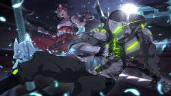  1boy 1girl absurdres armor black_hair bodysuit commentary_request cyborg fingerless_gloves fox_mask full_moon genji_(overwatch) gloves glowing glowing_eyes green_eyes green_hair hakama highres holding holding_weapon japanese_clothes katana kimono kiriko_(overwatch) kunai mask moon muscular neon_trim night ninja open_mouth outdoors overwatch pants ponytail power_armor red_gloves sheath shuriken sky sushispin sword weapon weapon_on_back white_kimono 