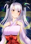  1girl ahoge alternate_costume alternate_eye_color azur_lane bangs black_ribbon blush bow breasts closed_mouth commentary eyebrows_hidden_by_hair gekato grey_hair hair_between_eyes hair_ribbon hakama hands_on_own_chest highres japanese_clothes kimono large_breasts long_hair looking_at_viewer multicolored_hair paid_reward_available parted_bangs pink_kimono prinz_eugen_(azur_lane) red_bow red_hakama redhead ribbon sash sky smile solo star_(sky) starry_background starry_sky streaked_hair tanabata two-tone_hair two_side_up upper_body yellow_eyes 