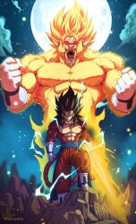  1boy absurdres arm_blade aura black_hair body_fur boots clenched_hands dragon_ball dragon_ball_gt dragon_ball_heroes electricity energy_sword full_body full_moon gloves golden_oozaru highres horang4628 male_focus moon muscular muscular_male pants red_fur red_pants spiky_hair standing super_saiyan super_saiyan_4 sword topless_male vegetto weapon white_boots white_gloves 