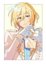  1boy ascot blonde_hair blue_eyes blue_shirt blush border closed_mouth commentary ensemble_stars! gloves hair_between_eyes half_gloves hands_up heart heart_hands highres idol_clothes jacket layered_sleeves looking_at_viewer male_focus open_clothes open_jacket outside_border shirt smile solo suuuuudachi tenshouin_eichi untranslatable_commentary upper_body white_ascot white_border white_gloves white_jacket yellow_background 