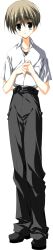  1boy absurdres baggy_pants belt belt_buckle black_pants black_shoes buckle full_body game_asset hands_on_own_chest highres mamiya_takuji non-web_source own_hands_together pants pocket school_uniform shirt_tucked_in shoes short_hair short_sleeves solo subarashiki_hibi tall_image tareme transparent_background wing_collar 