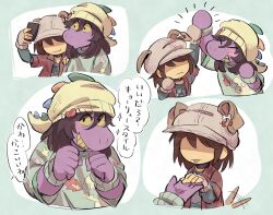  1girl 1other alternate_costume androgynous brown_hair cellphone closed_mouth colored_sclera colored_skin colored_teeth commentary deltarune double-parted_bangs freckles furry furry_female green_shirt grin hair_between_eyes high_five highres holding holding_phone kris_(deltarune) long_hair long_sleeves no_eyes nomu_poncha open_mouth phone purple_skin reptile_girl shaded_face sharp_teeth shirt short_hair short_sleeves smartphone smile speech_bubble susie_(deltarune) t-shirt teeth tongue tongue_out translation_request untranslatable_commentary upper_teeth_only utdr_(toby_fox) yellow_sclera yellow_teeth 