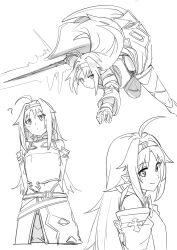  1girl ? ahoge armor arms_behind_back aura bare_shoulders belt boots breastplate closed_mouth collared_leotard commentary_request cowboy_shot cropped_legs detached_sleeves dot_mouth foot_out_of_frame from_side hair_ribbon highleg highleg_leotard highres holding holding_sword holding_weapon incoming_attack leotard lineart long_hair long_sleeves looking_at_viewer messy_hair multiple_views nemu_(46_2367teimei) pointy_ears ribbon serious sidelocks simple_background sketch skirt smile split_mouth sword sword_art_online thigh_boots upper_body v-shaped_eyebrows weapon yuuki_(sao) 