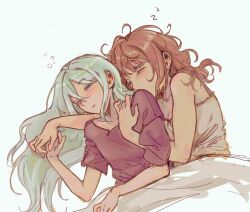  2girls blue_background blush brown_hair closed_eyes commentary cuddling grey_eyes highres holding_hands hug hug_from_behind long_hair magqotq mochizuki_honami multiple_girls one_eye_closed parted_lips project_sekai purple_shirt shirt simple_background sleeping squeans under_covers white_shirt yoisaki_kanade yuri zzz 